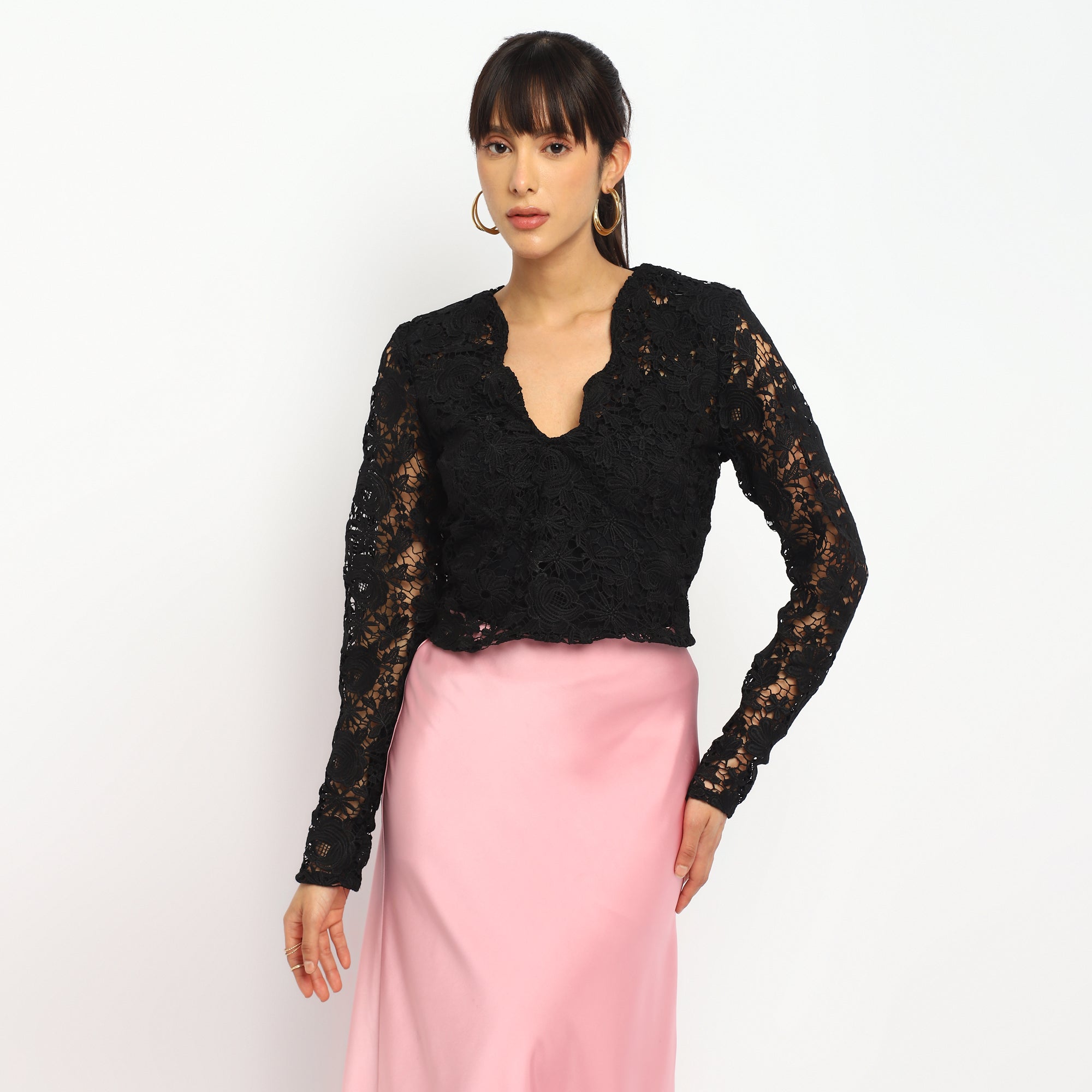 Elegant Black Lace Long-Sleeve V-neck Top